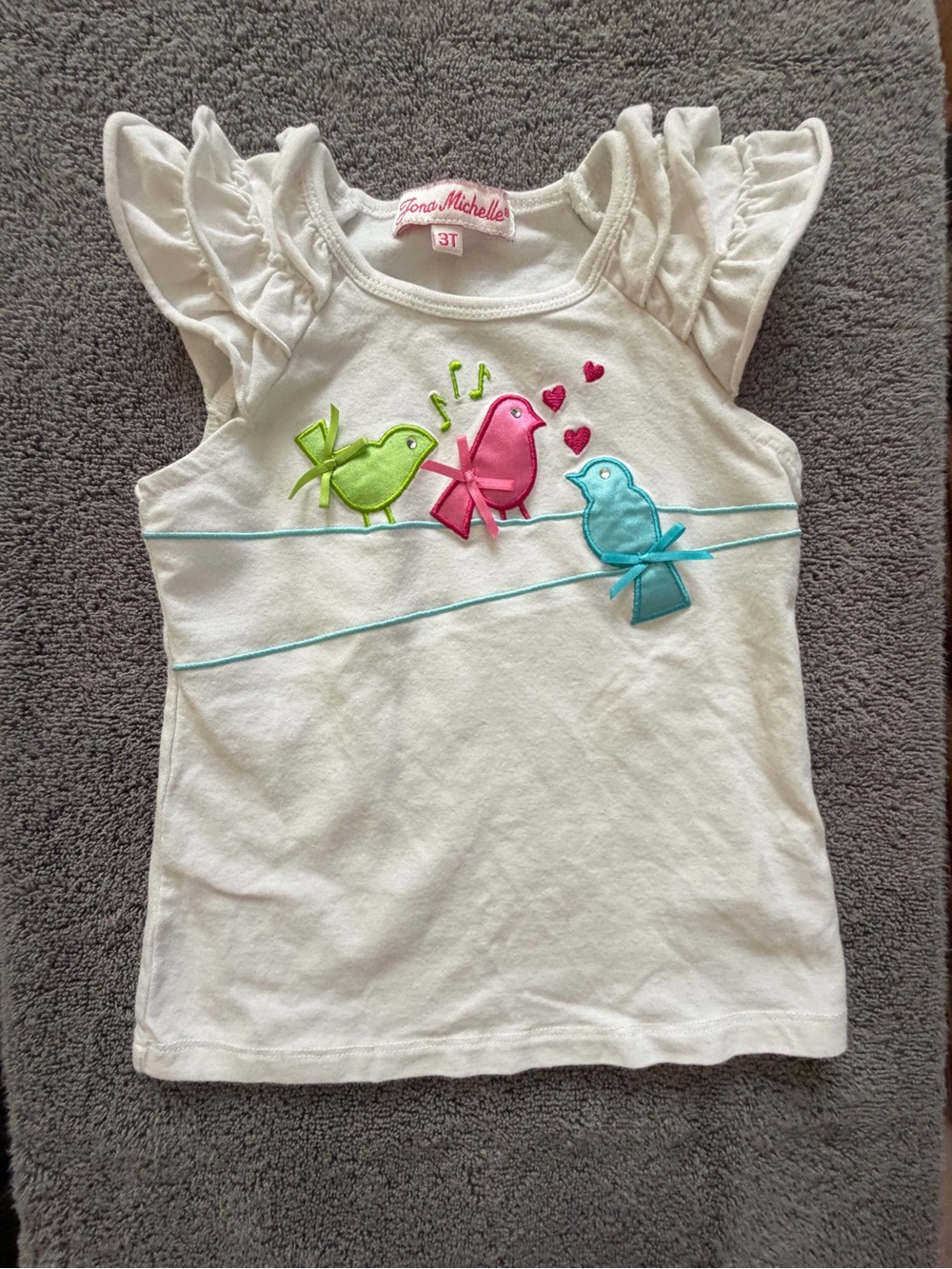 Jona Michelle White Ruffle Sleeve Tee with Pink, Green & Blue Bird Appliqués